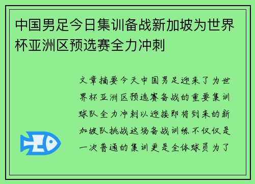 中国男足今日集训备战新加坡为世界杯亚洲区预选赛全力冲刺